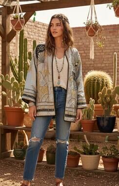 Vintage Oriental Fan Motif Embroidered Silk Matka Tie Neck Jacket/Cardigan